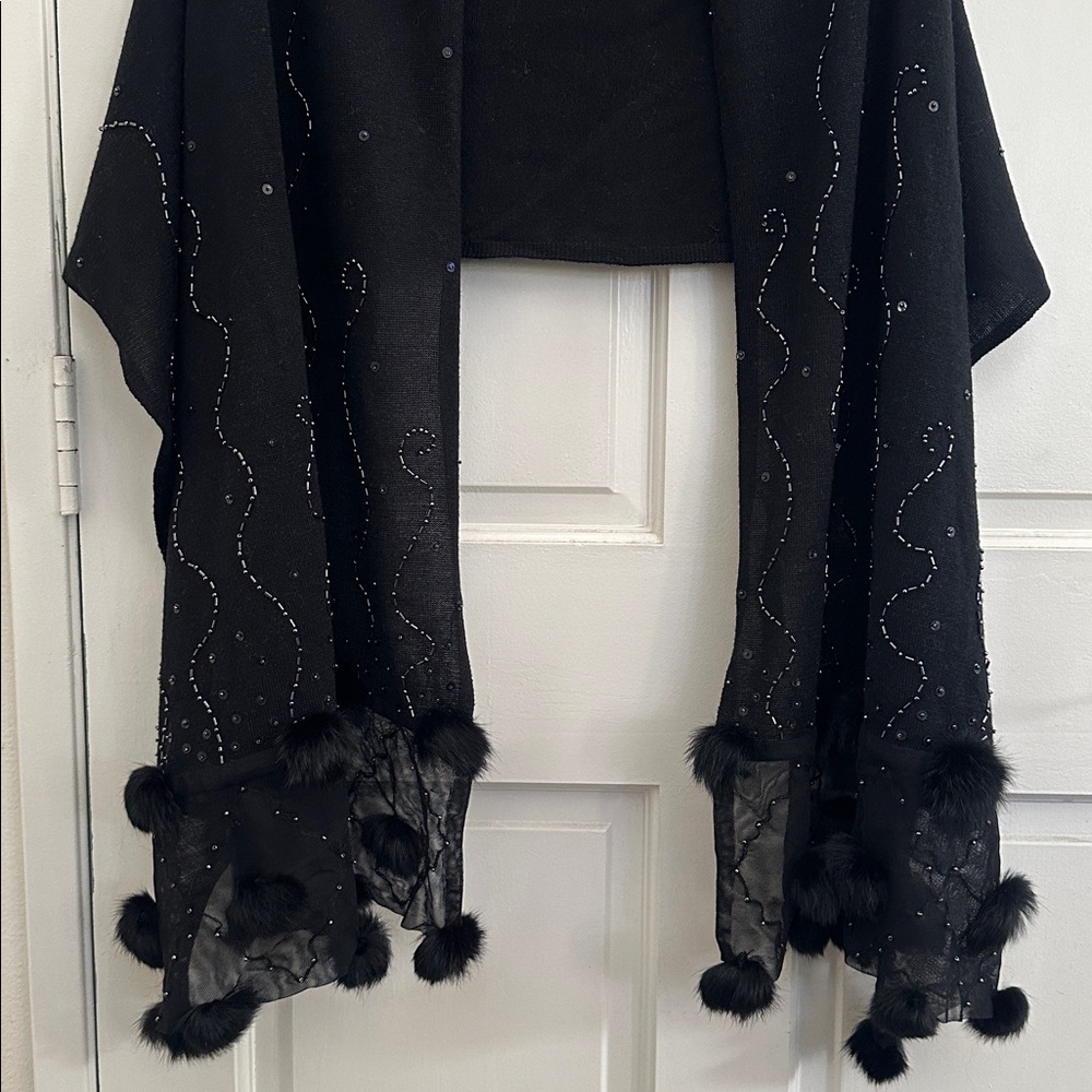 Luxury Black Beaded Wool Knit Scarf with Mesh Hem & Soft Long Haired Fur Pom Pom
